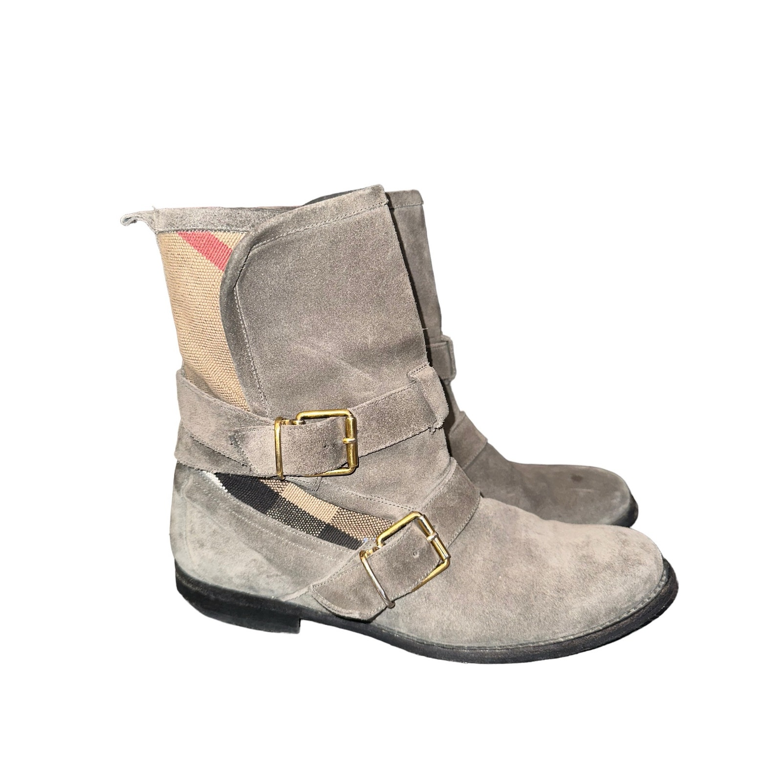 Women’s Burberry Nova Check Worcester Buckle Detail Suede Ankle Boots Size 10